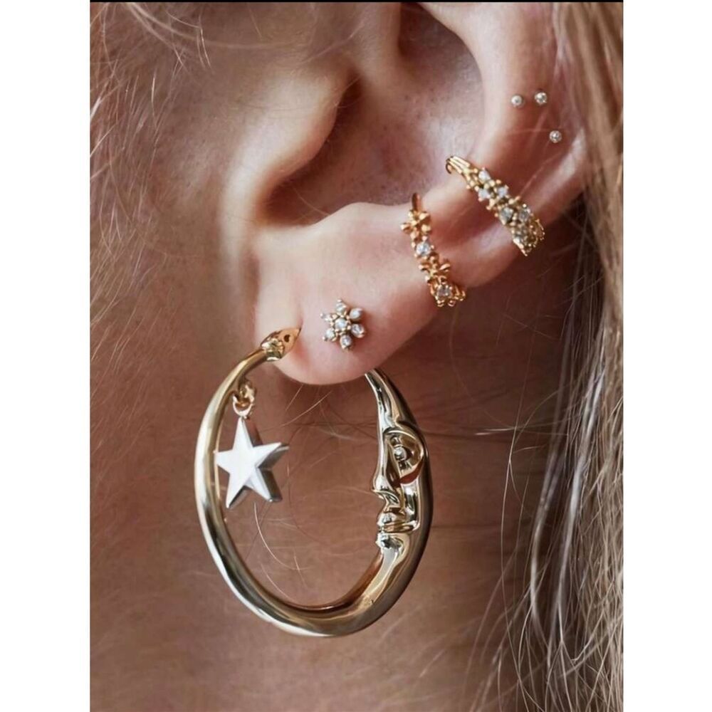 Anthropologie Gold Moon & Star Hoop Earrings